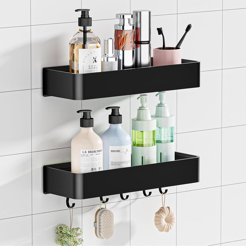 Wisfame Shower Caddy - Adhesive No Drill Rustproof Bathroom Shelf | 2 Pack Large Capacity Aluminum with 5 Hooks - Black