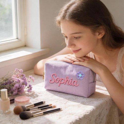 KAINSY Personalized Corduroy Makeup Bag - Custom Name & Pattern Design | Small Travel Cosmetic Pouch
