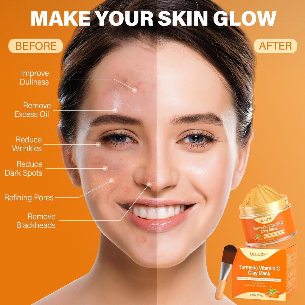 ulluxe Turmeric Vitamin C Clay Mask for Dark Spots, Dull Skin, Moisturizing, Skincare Facial Mask for Blackheads and Pores Cleansing, Improve Uneven Skin Tone, Face Skincare Gift, 5.29 oz