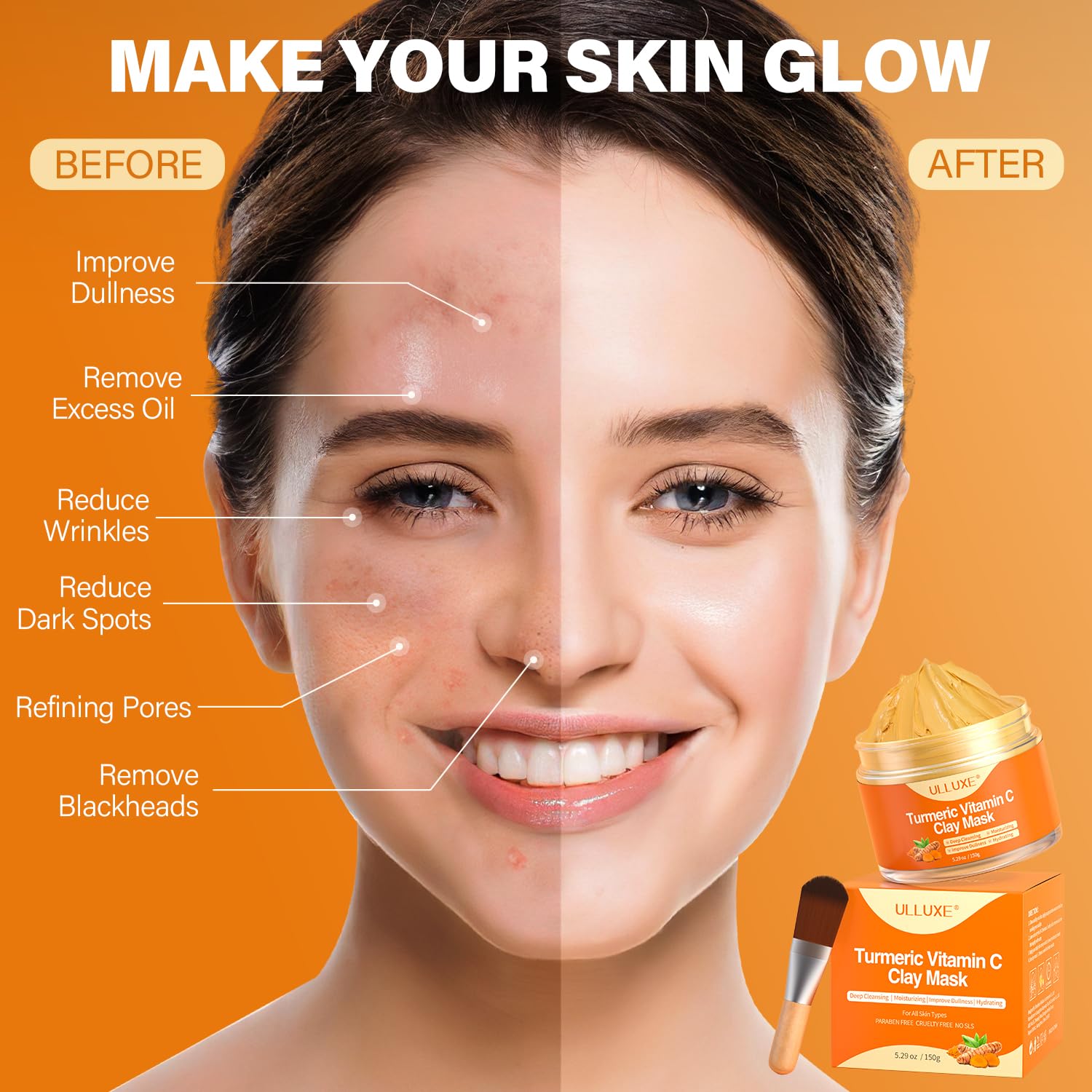 ulluxe Turmeric Vitamin C Clay Mask for Dark Spots, Dull Skin, Moisturizing, Skincare Facial Mask for Blackheads and Pores Cleansing, Improve Uneven Skin Tone, Face Skincare Gift, 5.29 oz