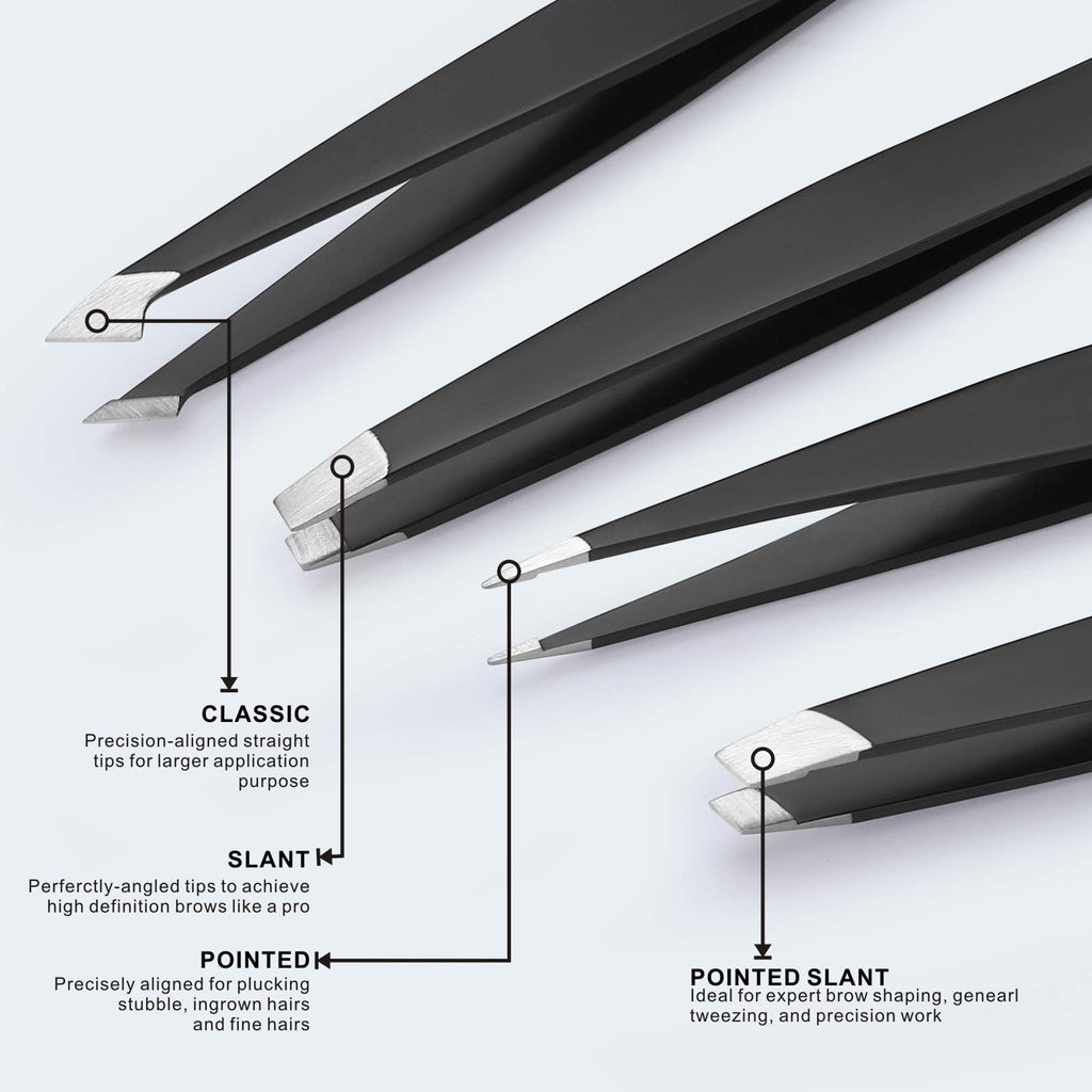 Tomata Tweezers for Eyebrows, 4-piece Slant Tip and Pointed Eyebrow Tweezer Set Great Precision for Eyebrows Facial Hair, Ingrown Hair, Splinter, Blackhead and Tick Remover (Black)