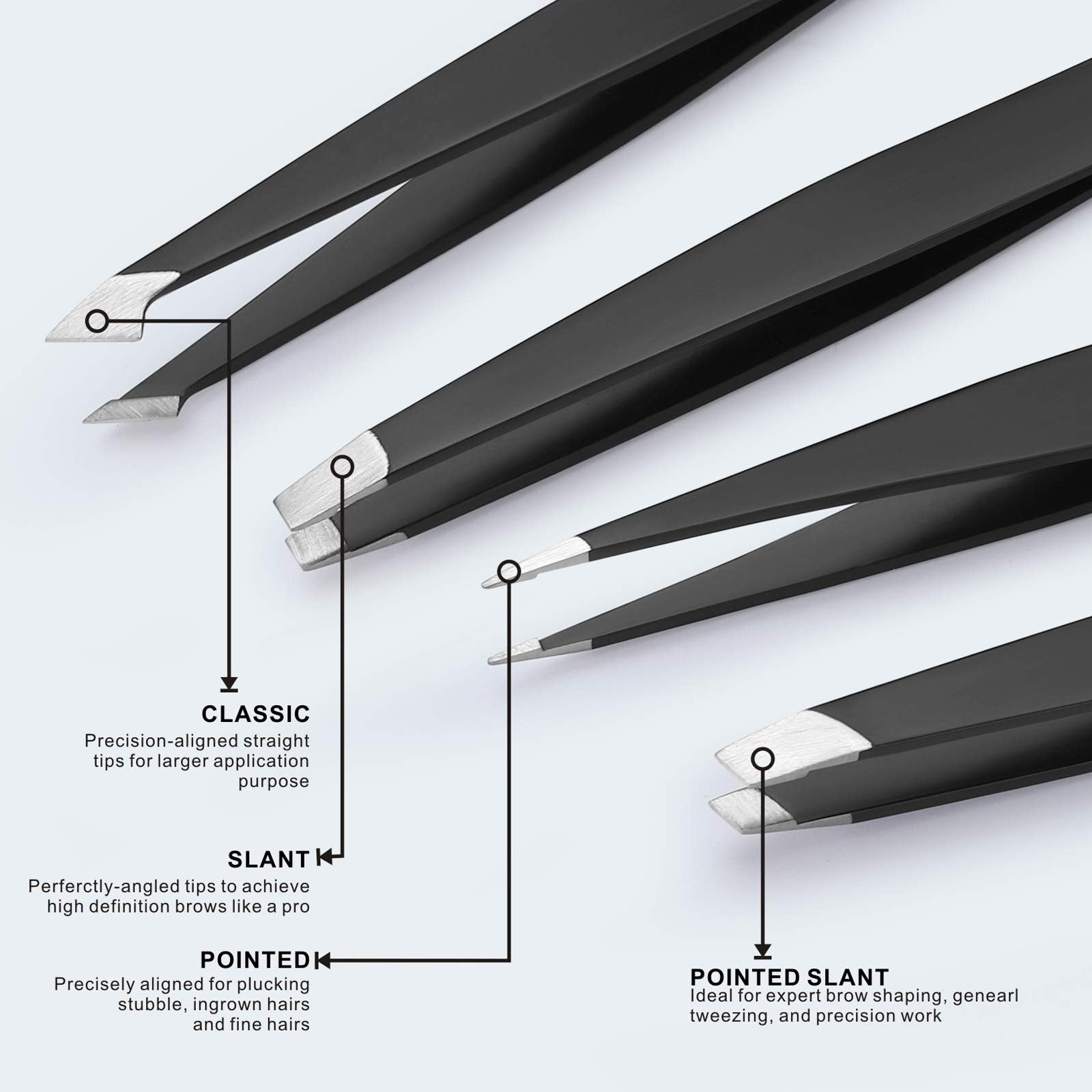 Tomata Tweezers for Eyebrows, 4-piece Slant Tip and Pointed Eyebrow Tweezer Set Great Precision for Eyebrows Facial Hair, Ingrown Hair, Splinter, Blackhead and Tick Remover (Black)
