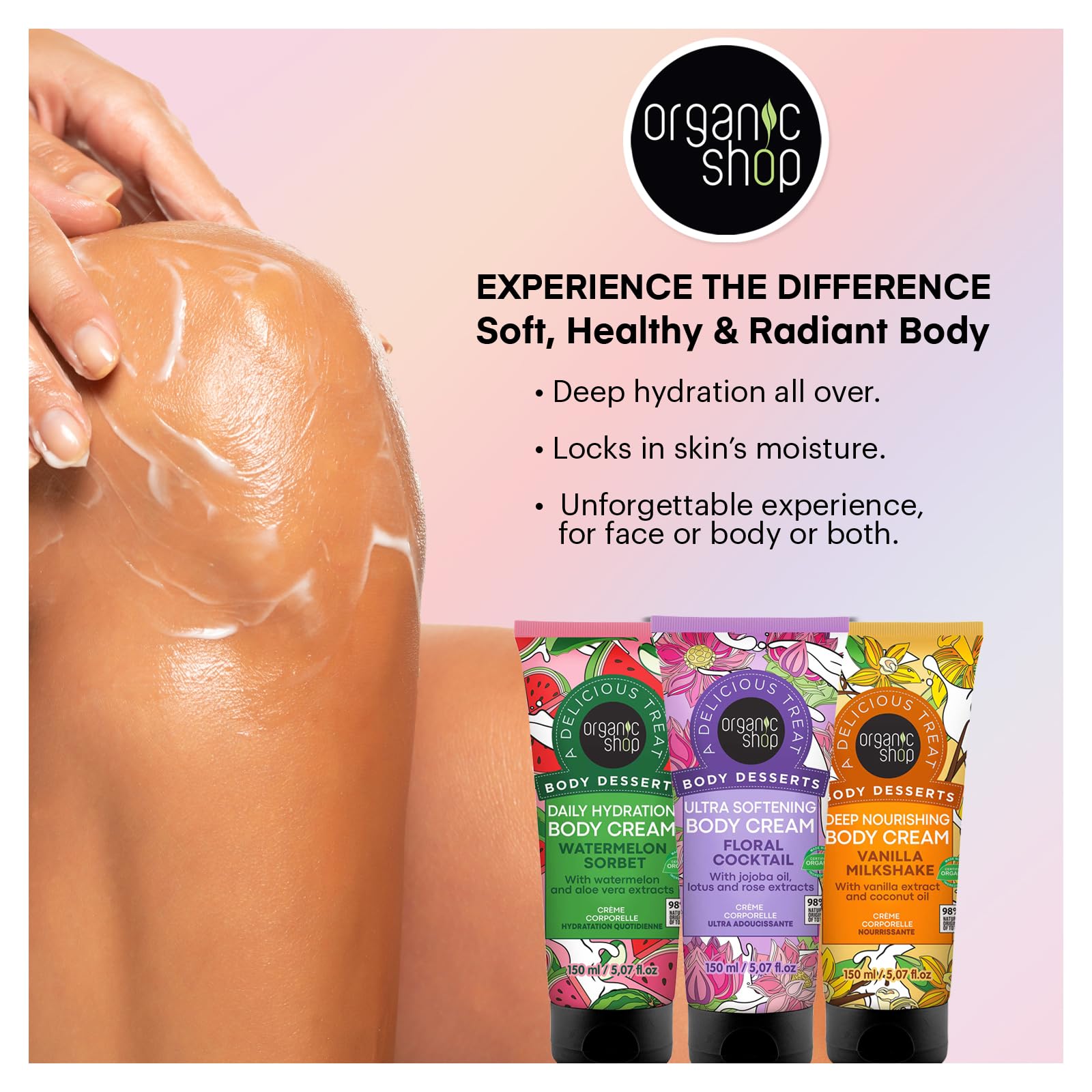 Organic Shop Jojoba Oil, Lotus & Rose Extract, Ultra Softening & Hydrating Body Cream, 100% Vegan & Organic, Daily Moisturizer, Body, Face & Hand Natural Lotion, Intensive Care Hydration. 150ml
