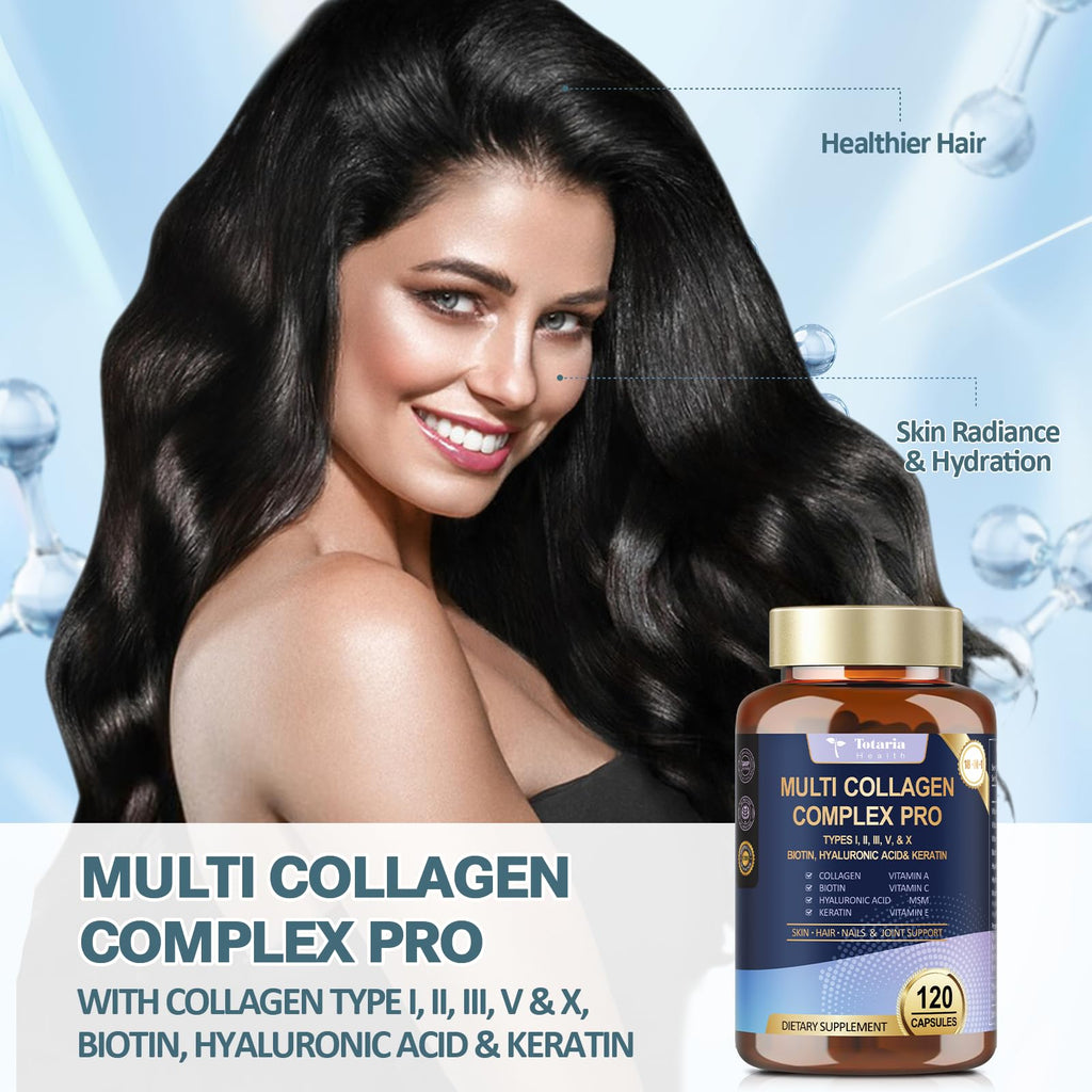 18-in-1 Collagen Pro with Hyaluronic Acid, Keratin, Biotin, VIT A C & E for Skin, Hair, Nails, Joint & Beauty - Multi Collagen Peptides Capsules with Type I II III V & X for Women & Men - 120 Caps