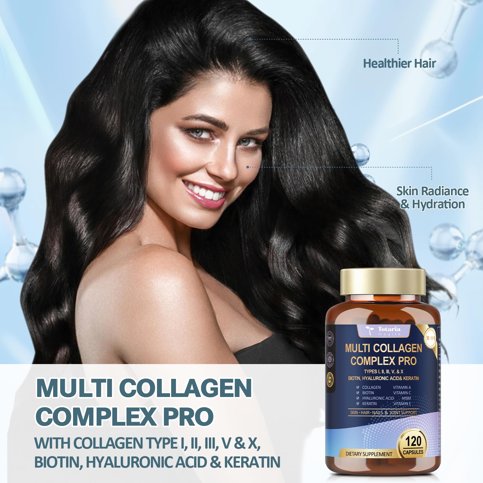 18-in-1 Collagen Pro with Hyaluronic Acid, Keratin, Biotin, VIT A C & E for Skin, Hair, Nails, Joint & Beauty - Multi Collagen Peptides Capsules with Type I II III V & X for Women & Men - 120 Caps