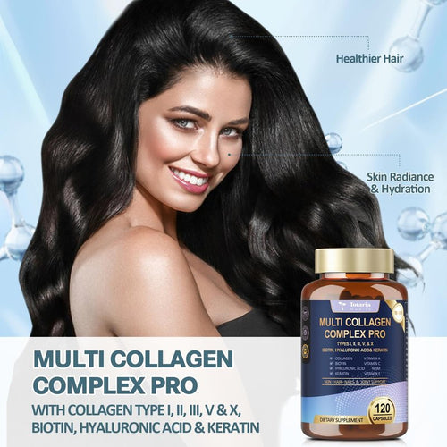 18-in-1 Collagen Pro with Hyaluronic Acid, Keratin, Biotin, VIT A C & E for Skin, Hair, Nails, Joint & Beauty - Multi Collagen Peptides Capsules with Type I II III V & X for Women & Men - 120 Caps
