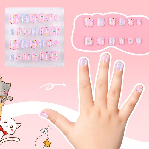 Kawyehu Kids Press on Nails Children Fake Nails 72PCS Artificial Nail Tips Adhesive Full Cover Short False Fingernails for Girls Kids Nail Decoration (French Donut Heart)