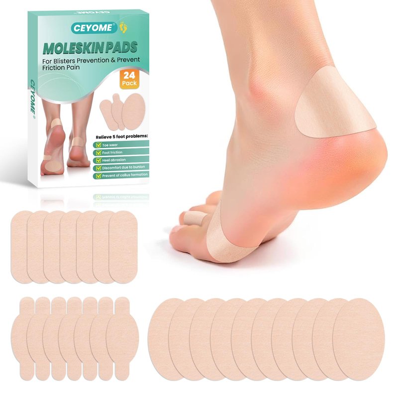 Moleskin for Feet & Blister Prevention Pads - 24ct Moleskin Padding for Shoes, Toes & Heel | Mole Skin Patch & Anti-Friction Tape for Walking, Running & Sports - Variety Pack