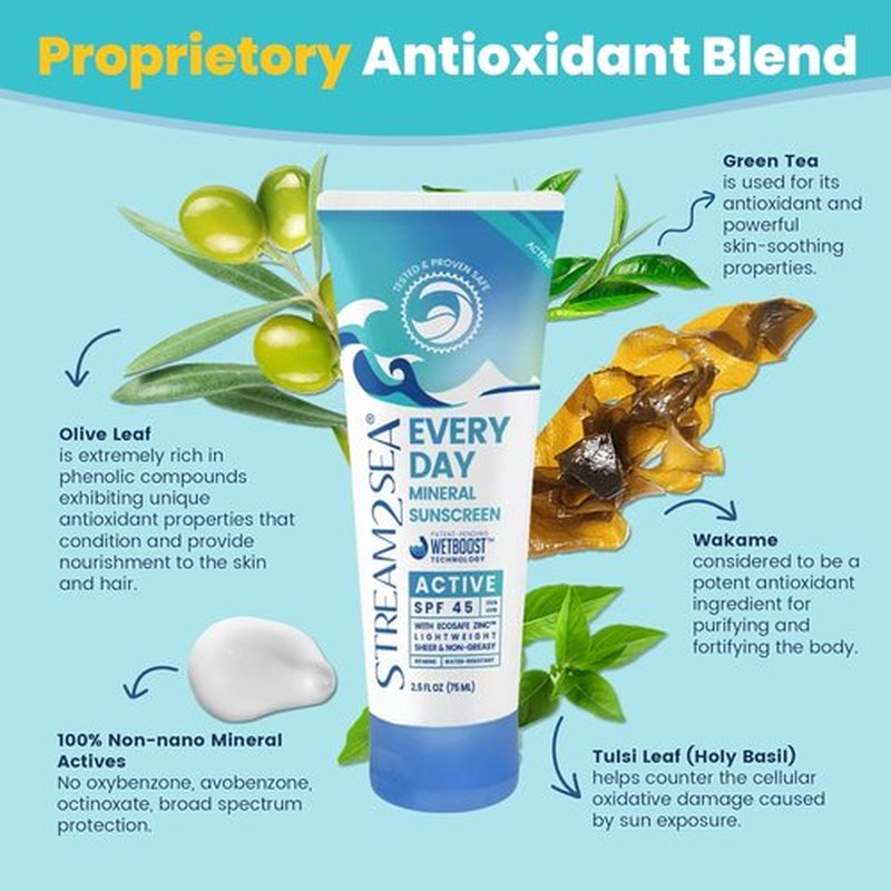 Stream2Sea SPF 45 Active Mineral Sunscreen - Biodegradable & Reef Safe | 2.5 Fl Oz Non-Greasy Protection for Face & Body