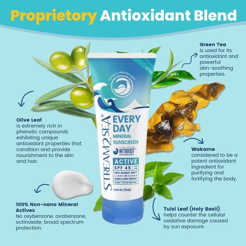 SPF 45 Every Day Active Mineral Sunscreen | 2.5 Fl Oz Biodegradable & Reef Safe Sunscreen for Face & Body | Non-Greasy, Lightweight & Sheer Mineral Protection Against UVA & UVB by Stream2Sea