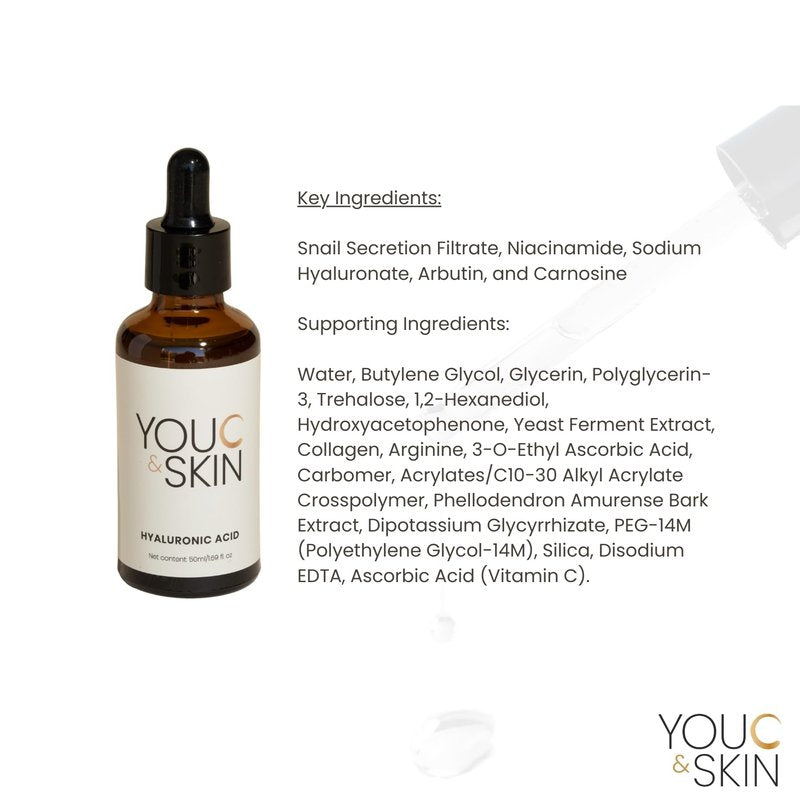 You C & Skin Hyaluronic Acid Serum 1.7 fl oz – Hydrating Face & Neck Serum for Men & Women – Moisturizes and Strengthens Skin Barrier – Lightweight, Non-Greasy Facial Serum with geniune Snail Mucin