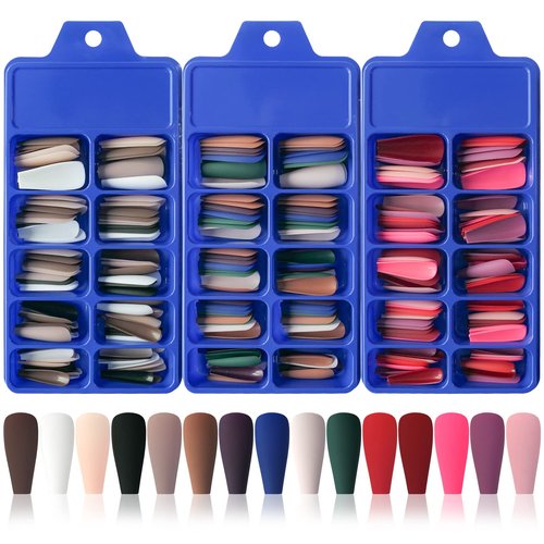 LoveOurHome 300pc Matte Coffin Press on Nails Long Fake Nail Kit, Coffin Nails Press ons Nail Medium Ballerina Acrylic Glue Nails Tips Full Cover Artificial Nails False Fingernail for Women Girls