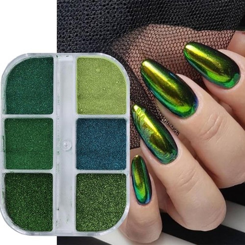 6 Grid Green Chrome Nail Powder, Iridescent Aurora Pearl Powder Metallic Mirror Effect Pigment Pearlescent Mermaid Pigment Pearl Glitter Dust Kit, Nail Art Decoration, Resin Craft (05_Green)