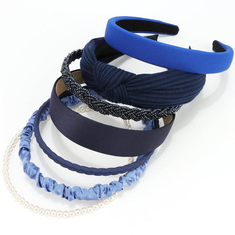 VELSCRUN Headbands for Women 7 Pcs Different Navy Blue Knotted Solid Pearl Head Bands Non Slip Hair Band for Womens Gilrs Thin Thick Short Hair Fashion Accessories