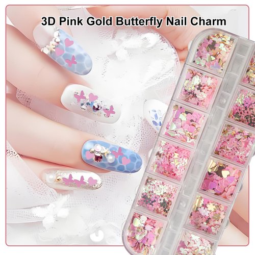8 Boxes 3D Nail Charms Kit Rhinestones Colorful Crystals Clear Multi Shape Half Round Pearls Butterfly Diamond White Pink Craft Supplies DIY Accessories