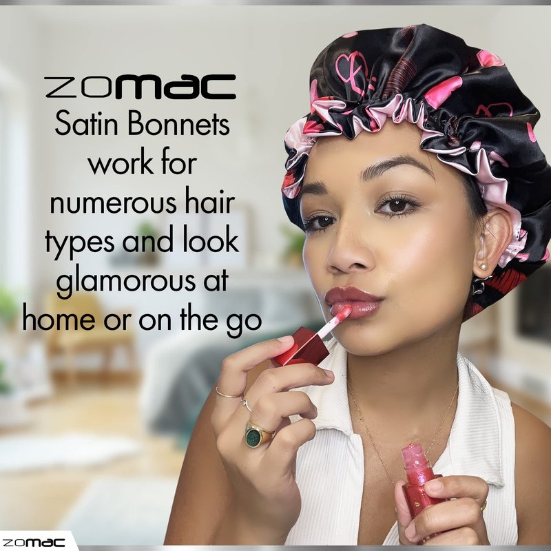 Zomac Satin Bonnet with 14 in 1 Miracle Worker Hair Moisturizer, Shampoo, and Conditioner Gift Set. Includes Gift Bag. Pamper Yourself or a Friend (Hearts)