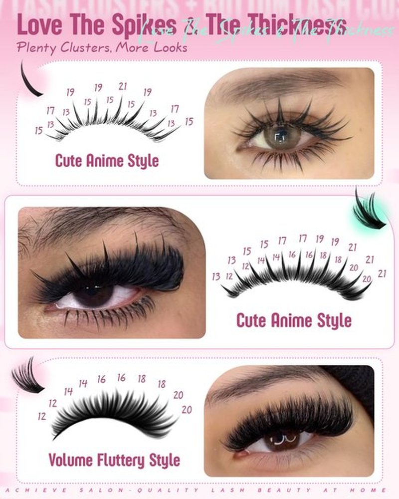 Spikes Eyelash Clusters Volume Lash Clusters Kit DIY Salon-Grade Lash Extensions Spiky Individual Lashes Extension Kit 12-21mm Cluster Eyelash Extensions Kit Manga Lashes Clusters with Bond and Seal