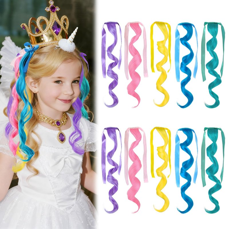 Z-CHARMMY Rainbow Color Hair Extensions for Kids, Crazy Hair Accessories for Girls, Tie-in Curly Ponytail Extensions with Ribbon Bow, 5 Colors, 10 Pieces