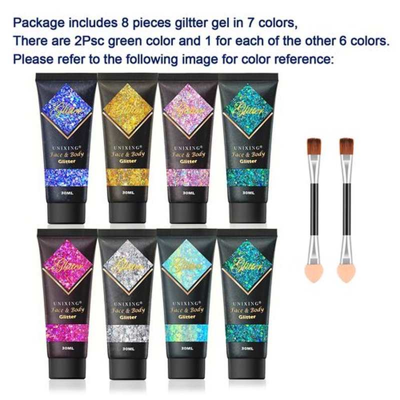 8PCS Face Glitter Gel, Holographic Body Glitter Gel for Hair, Body, Face, Lip, Eyeshadow, Glitter Face Paint, Chunky Glitter for Makeup, Sparkling Glitter Makeup for Concerts Music Festival Rave