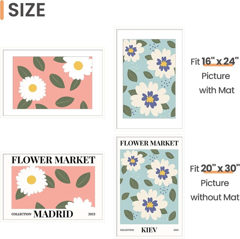 Upsimples 20x30 Poster Frame - Display 16x24 Pictures with Mat or 20x30 Without Mat, White