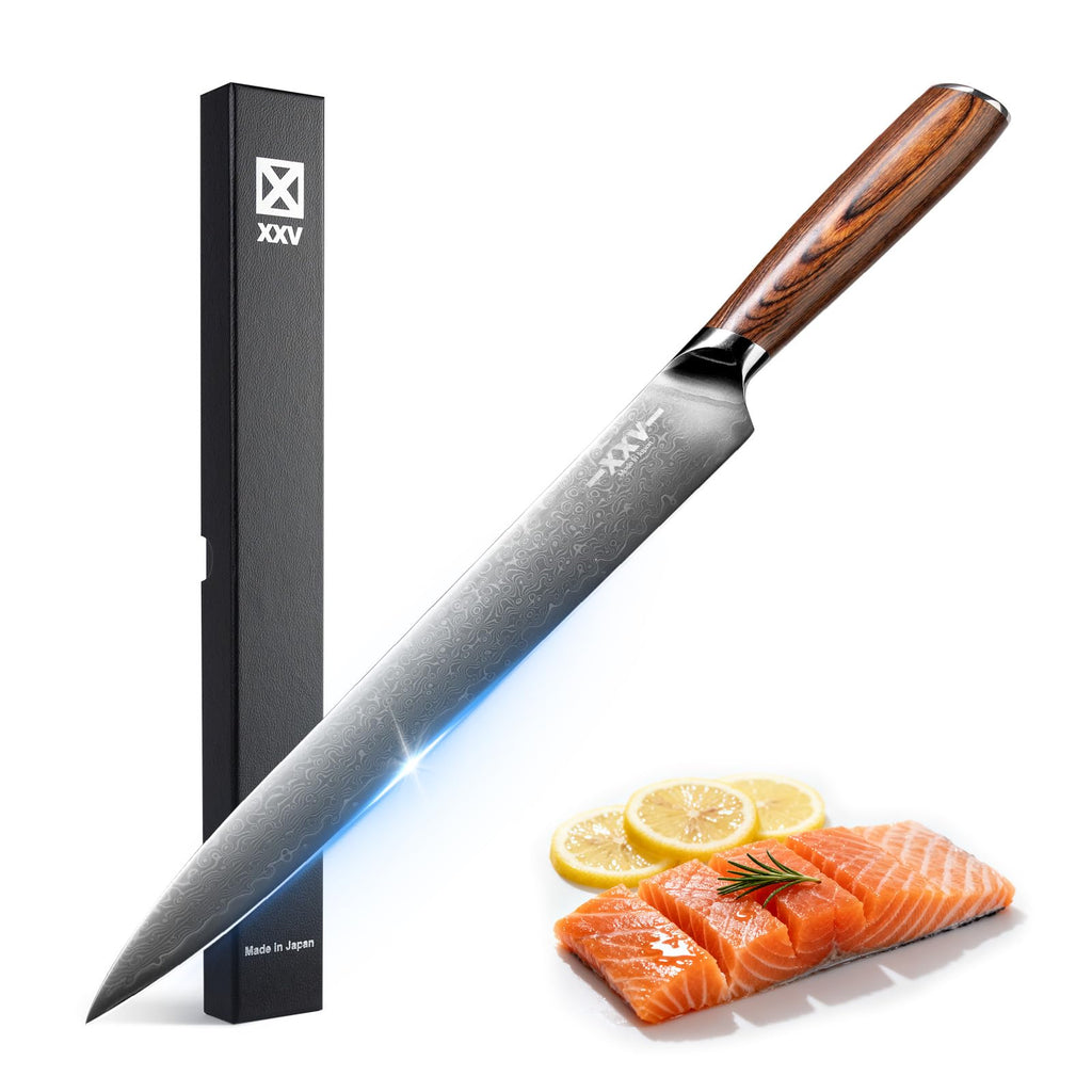 XXV 10 Inch Sashimi Knife, Steel VG10 Damascus Steel Hardness of 62 HRC Sushi Knives,Chef's Knife Knives with Sandalwood Handle for Fish Filleting yanagiknife
