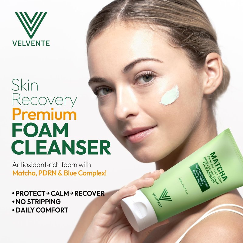 VELVENTE Matcha Gentle Deep Pore Cleansing Facial Cleanser, Low-pH Face Wash for Pore Refining, Rose PDRN Hydrating Daily Facial Wash Redness & Sensitive Skin Friendly, Korean Skincare(5.07 fl.oz.)