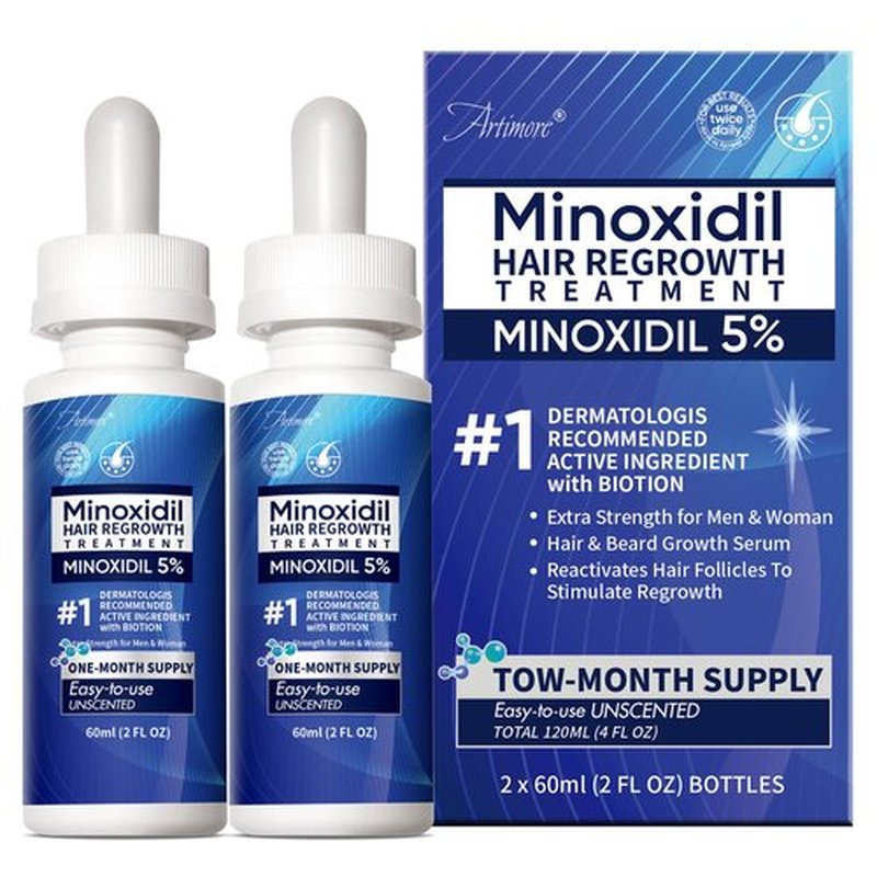 5% Minoxidil Hair Growth Serum for Men & Women with Biotin: Minoxidil for Men and Women, 5 Percent, Hair Regrowth Treatment, Extra Strength, 4 Fluid Ounces (2 Bottles)
