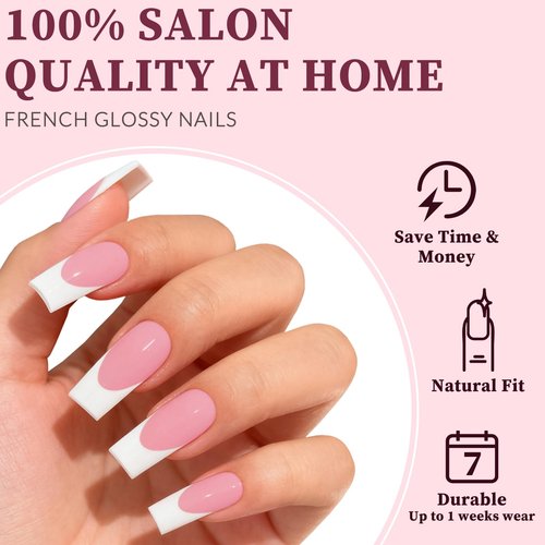Lifextol 240PC White French Tip Press on Nails Medium Fake Nails Press ons with 5*Adhesive Tabs, Pink Square Acrylic Nail Press on Nail French Tip Nails False Artificial Fingernails Stick on Nails-G
