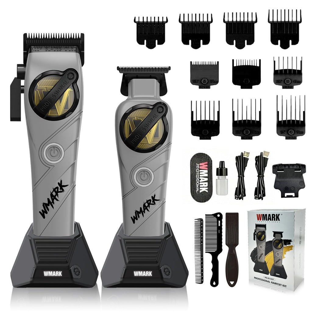 WMARK Hair Clippers for Men Professional Barber Clippers and Trimmers Set Cordless Hair Clippers for Hair Cutting, High Speed, Rechargeable, Powder Metallurgy DLC Ceramic Fade NG-8613 KIT (Gray)