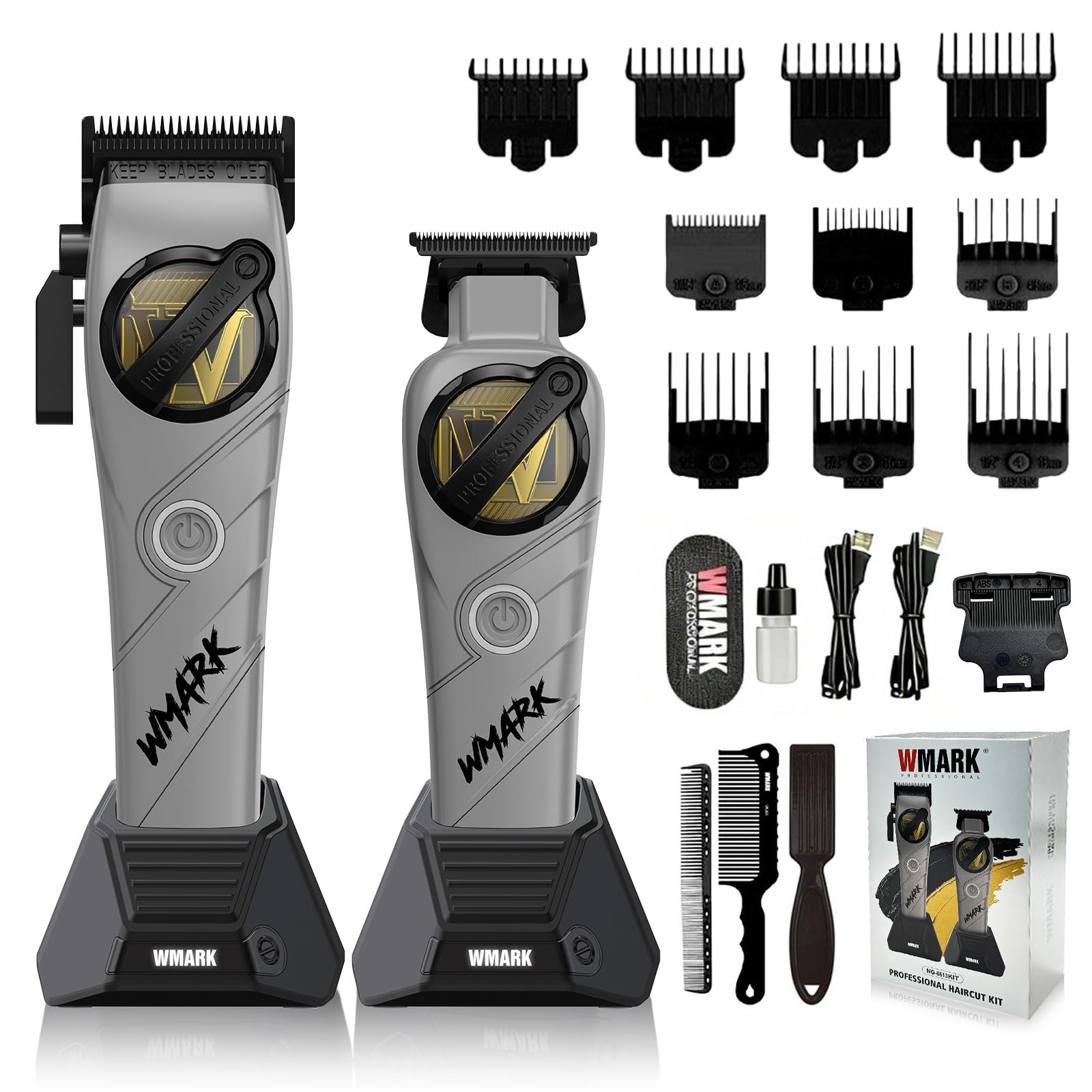 WMARK Hair Clippers for Men Professional Barber Clippers and Trimmers Set Cordless Hair Clippers for Hair Cutting, High Speed, Rechargeable, Powder Metallurgy DLC Ceramic Fade NG-8613 KIT (Gray)