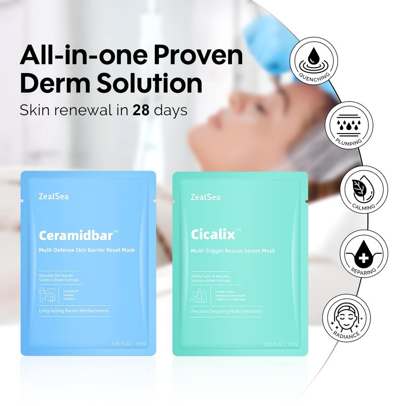 ZealSea Cicalix & Ceramidbar Face Masks Skincare, All-in-one Proven Derm Solution Facial Mask for Visibly Soft | Plump | Quenching | Anti-aging, Soothing & Refreshing, Strengthen & Restore, 4+4 Duo