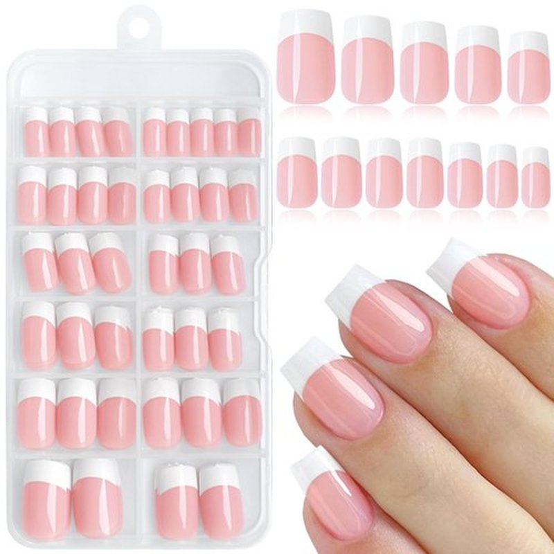 Lifextol 120PC White French Tip Press on Nails Short Fake Nails Press ons with 5*Adhesive Tabs, Pink Square Acrylic Nail Press on Nail French Tip Nails False Artificial Fingernails Stick on Nails-F