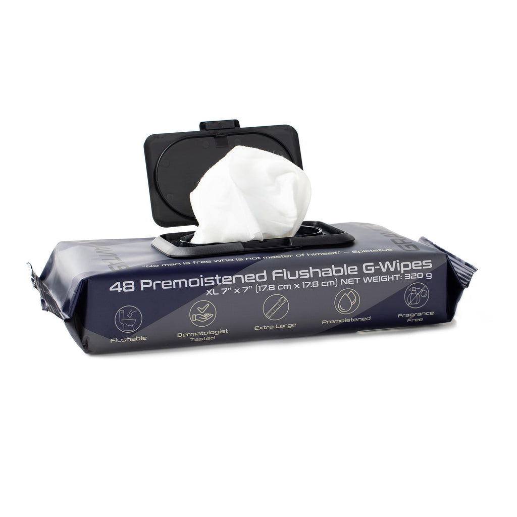 Gravitas G-Wipes: Flushable Wipes for Men - 48 Extra-Large Unscented Wipe, Pre-Moistened, Vitamin E & Aloe Vera, Biodegradable, Body Hygiene, for Daily Use, Resealable Hard Top