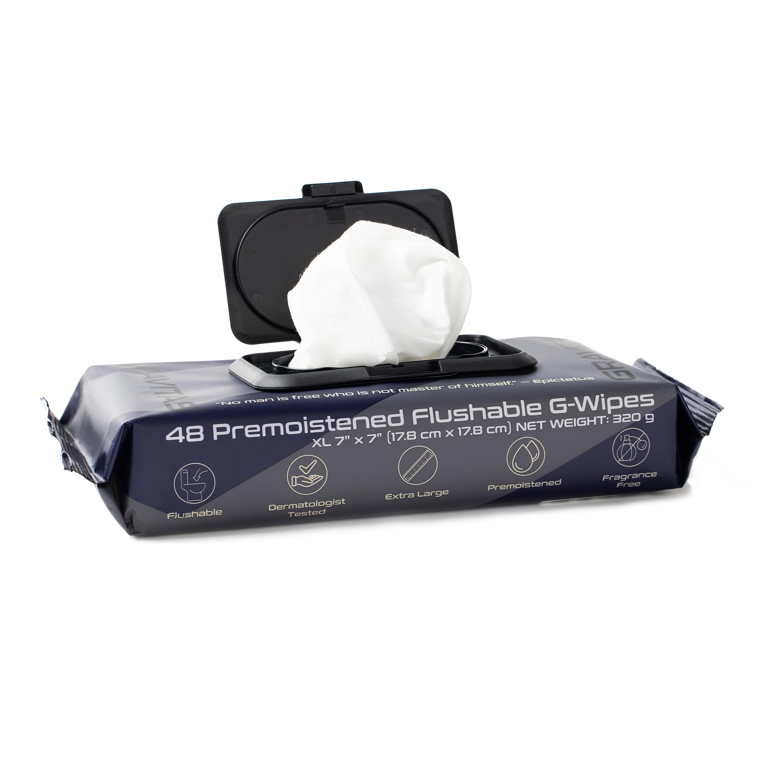 Gravitas G-Wipes: Flushable Wipes for Men - 48 Extra-Large Unscented Wipe, Pre-Moistened, Vitamin E & Aloe Vera, Biodegradable, Body Hygiene, for Daily Use, Resealable Hard Top