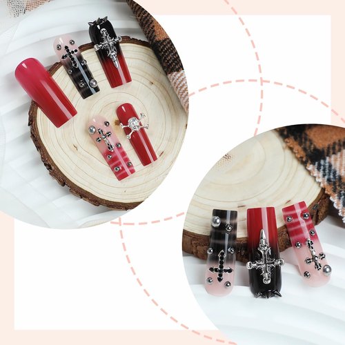 MISUD Press on Nails - Long Square Glue on Nails with Goth Red Black, Acrylic Gothic Y2K Cross Design 24 pcs