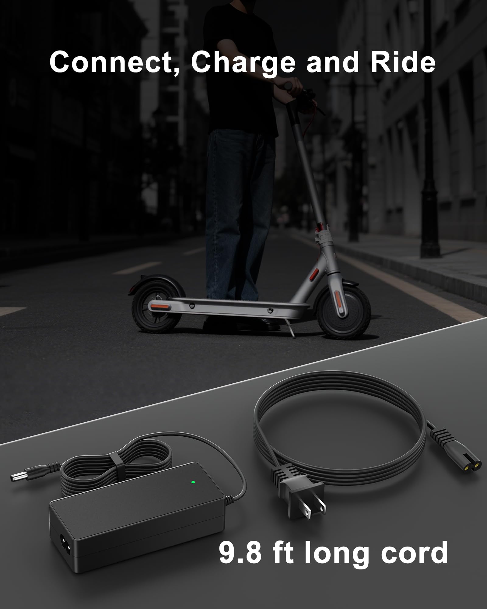 VHBW 42V 2A Electric Scooter Charger Compatible with AOVOPRO ES80, 9.8ft Power Cord with LED Indicator, Replacement Charger for AOVOPRO Electric Scooter