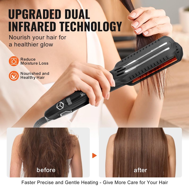 VEVOR Hair Straightener, 1.5-inch Titanium Flat Iron, Dual Infrared Hair Straightener Flat Iron with LCD Display and 19 Temp Levels - 210°F to 450°F, Dual Voltage 110V/240V for Salon Home Travel Use