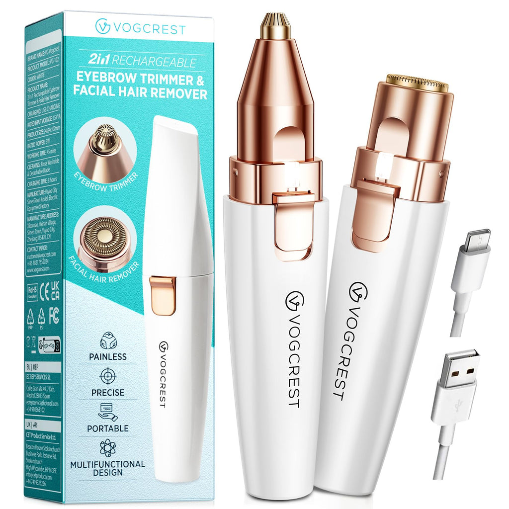 Rechargeable Eyebrow and Facial Hair Remover for Women - 2 in 1 Razor with Built-in LED Light for Painless Hair Removal