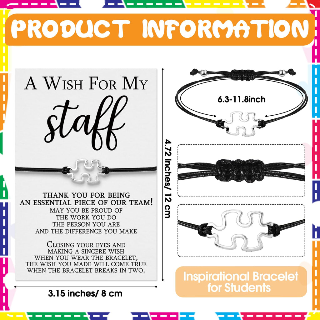 Huquary 100 Sets Staff Appreciation Gifts Cna Week Gifts Bulk 2026 Team Puzzle Piece Bracelet Bulk with Thank You Postcard a Wish for My Staff Inspirational Favors for Nurse, Coworkers, Students