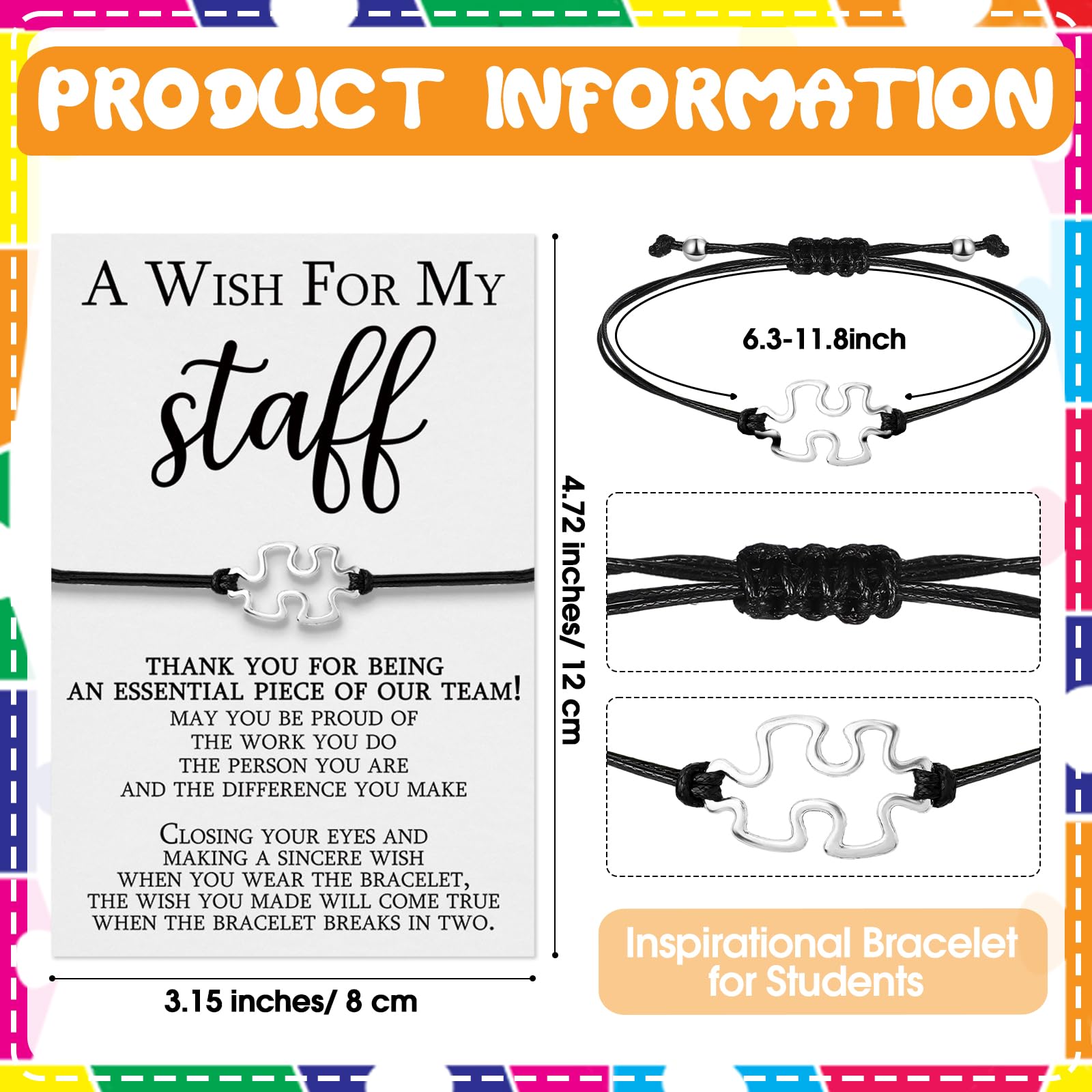 Huquary 100 Sets Staff Appreciation Gifts Cna Week Gifts Bulk 2026 Team Puzzle Piece Bracelet Bulk with Thank You Postcard a Wish for My Staff Inspirational Favors for Nurse, Coworkers, Students