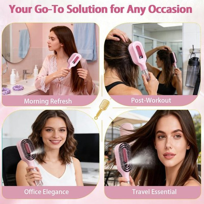 Hair Brush with Water Spray Mister - 2-in-1 Detangling Brush with Built-in Fine Mist, Portable Wet & Dry Styling Tool for Smooth, Frizz-Free Hair - Quick Refresh for Women & Girls On-The-Go(2pcs pink)