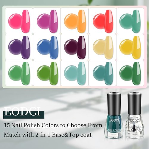 eodci 16 PCS Nail Polish Set, 15 Bright Colors Quick Dry Nail Polish Kit With 2in1 Base/Top Coat Spring Summer Colors Finger Nail Polish Pack Glossy Toenail Polish DIY Gifts for Women