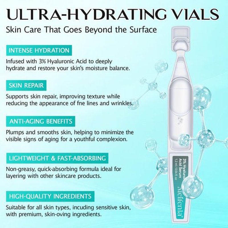 Meifenla 3% Hyaluronic Acid Serum for Face,Ultra-Hydrating Hyaluronic Acid Serum Tube Smooth Skin Deep Moisturizing Facial Serum for Anti-Aging with 30 Pcs Single-Use Vials Design