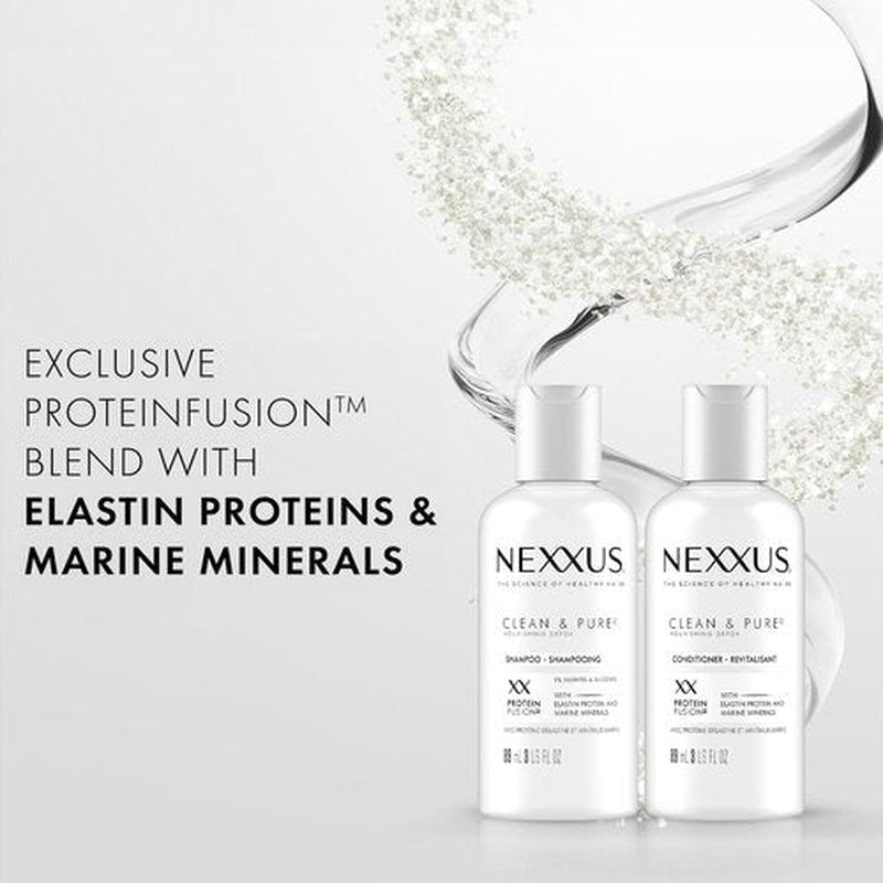 Nexxus Travel Shampoo and Conditioner, Clean & Pure – Hair Products with Elastin Protein and Marine Minerals, Sulfate-Free, 3 Oz Ea