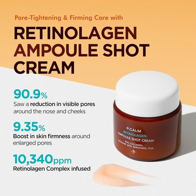 P.CALM Retinolagen Ampoule Shot Cream - Vegan Collagen & Retinol for Pore Tightening | 60ml