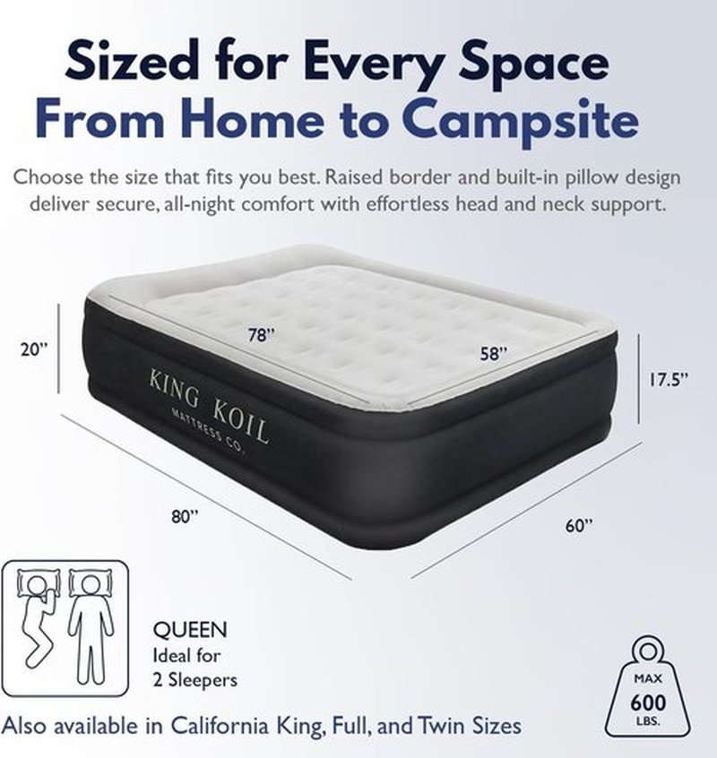 King Koil Queen Air Mattress - Luxury Pillow Top Plush Design with Built-in Pump | Waterproof & Adjustable, 20" Size