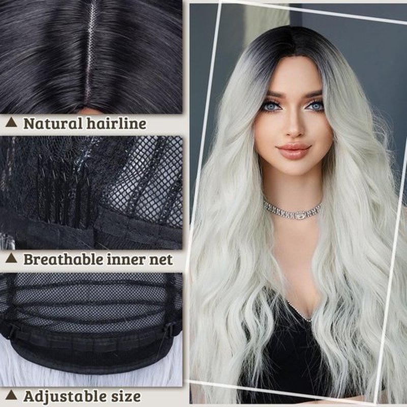 Miuric 30 Inch Long White Silver Wavy Wigs for Women Witch Ombre Grey Colorful Wigs Middle Part Water Wave Dark Roots Wig Women's Curly Wig Synthetic Wig for Cosplay Halloween Party Daily