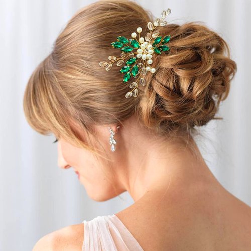 PRETTYLIFE Crystal Wedding Hair Pins Pearl Rhinestone Flower Bridal Hair Pieces Decorative Accessories for Women and Girls (Pack of 2) (Green)