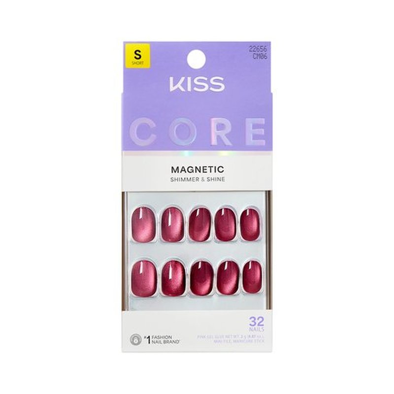 KISS CORE Magnetic Press On Nails Short, Flaming, Purple, Round, 32 Count