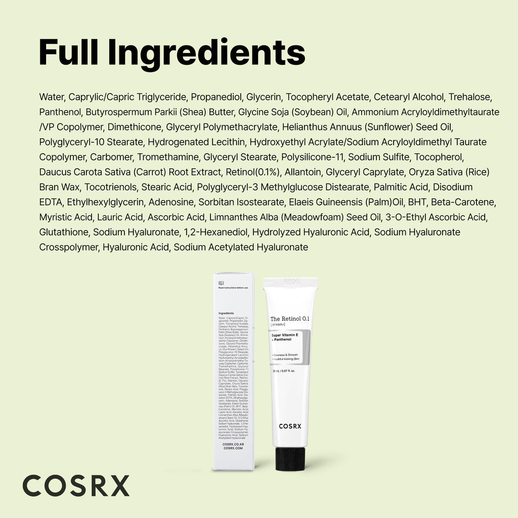 COSRX Retinol 0.1% Cream, Anti-aging Eye & Neck Cream with Retinoid Treatment to Firm Skin, Reduce Wrinkles, Skin Tightening Cream for Fine Lines & Firmness, Gentle Daily Korean Skin Care, 0.67 fl oz